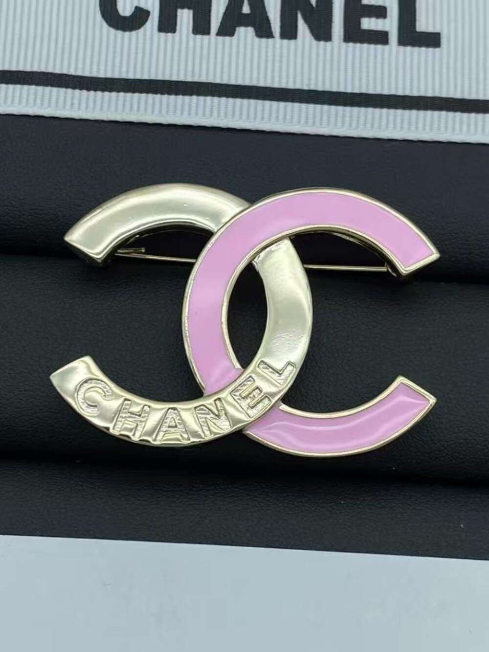 Like-New Chanel Two-Tone Pink & Gold-Tone CC Logo Brooch